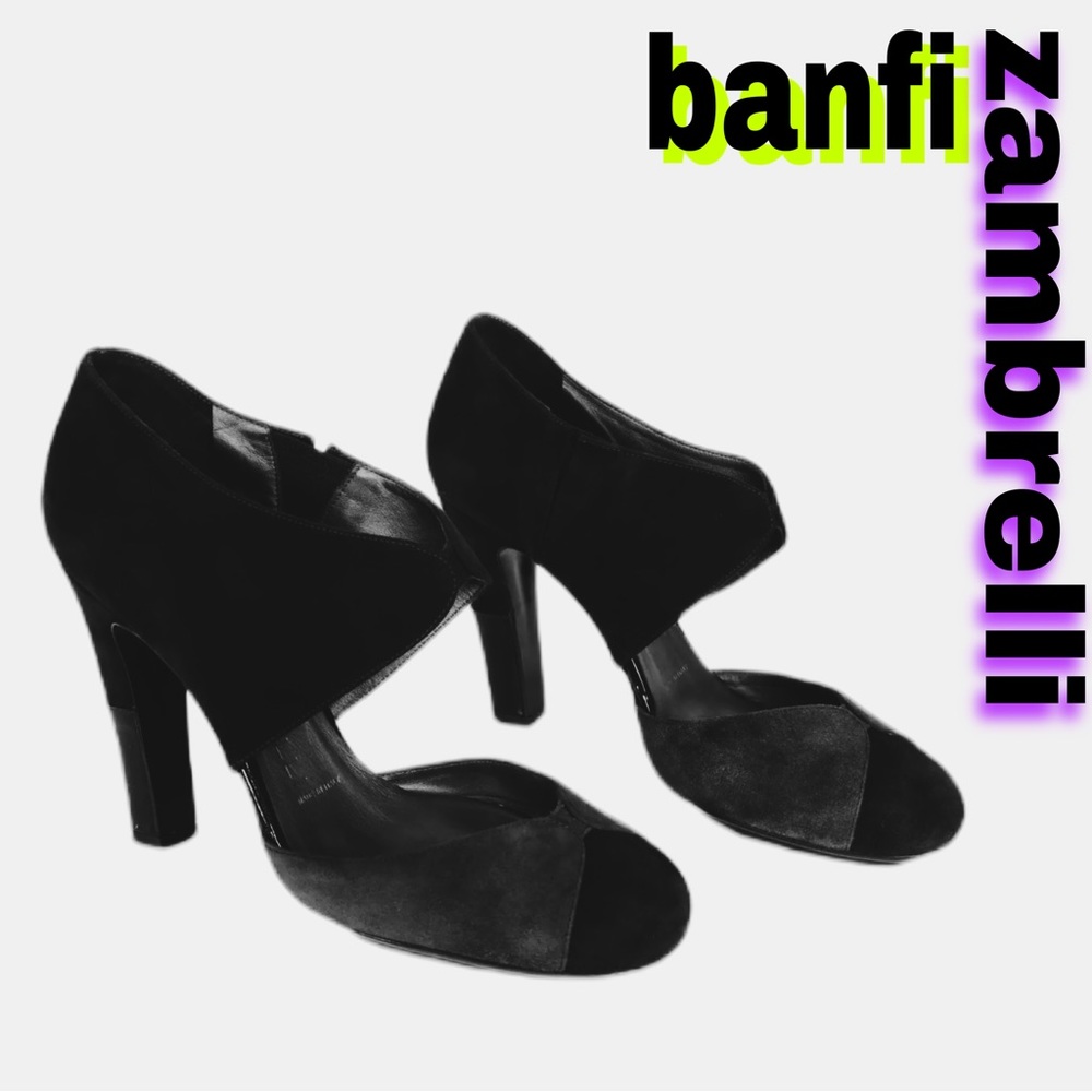Banfi Zambrelli Corset Mary Jane Black Suede and Patent Leather High Hee…